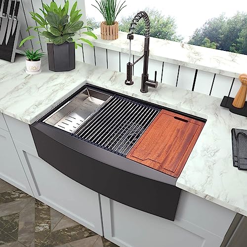 Zalorin Farmhouse Sink, 33 x 22 Inch Undermount Kitchen Sink 16 Gauge Black Stainless Steel Kitchen Sinks Apron Front Single Bowl 10 Inch Deep Workstation Sink with Cutting Board