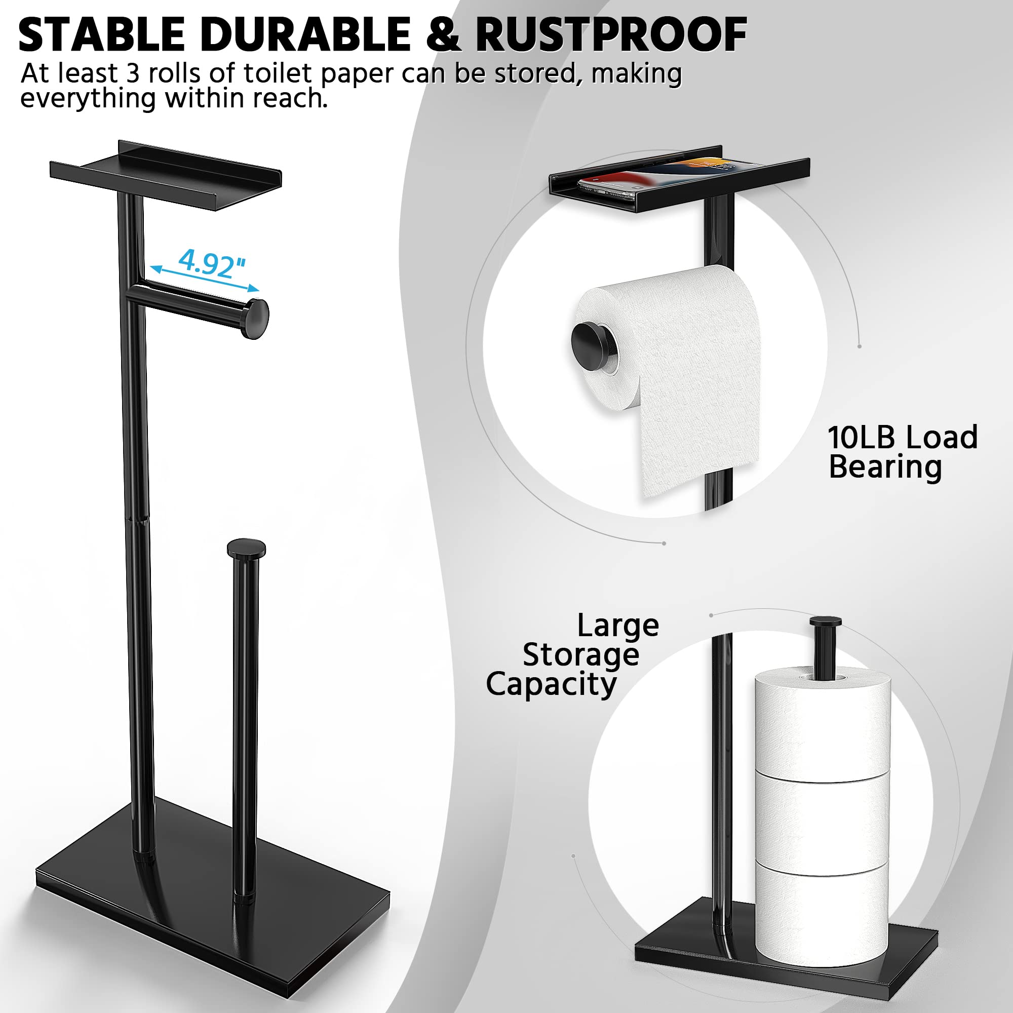 Zalorin Black Toilet Paper Holder Stand with Phone Shelf, Bathroom Toliet Decor Decoration. Tissue Roll Free Standing Storage, Rv Accessories, Apartment Restroom Household Home Essentials