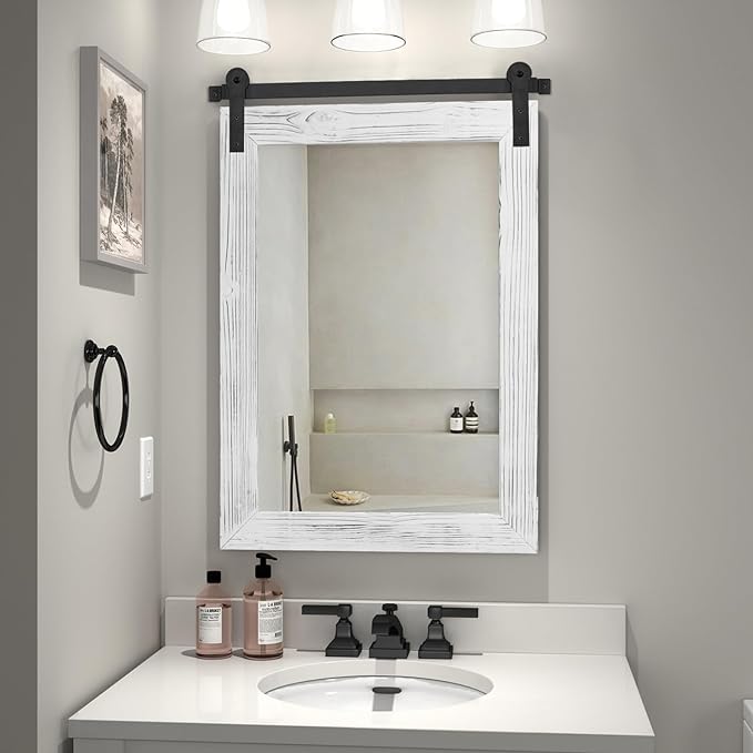 Zalorin Bathroom Mirror - 30 x 21 Rustic Wood Framed Wall Barn Door Mirror for Entryway, Living Room, Entryway Wall Decor (White)