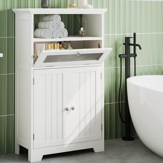 Zalorin Bathroom Floor Storage Cabinet with Flip Glass Drawer, Bathroom Cabinets Freestanding with 2 Doors Adjustable Shelf & Open Storage for Bathroom, Living Room, Hallway, White