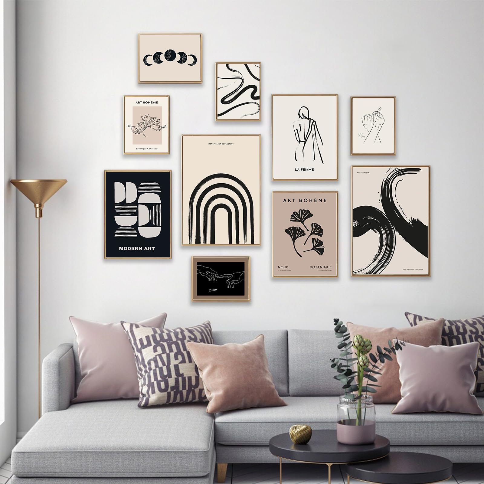 Zalorin Minimalist Boho Eclectic Wall Art Prints,  10 PCs Boho Wall Decor Abstract Neutral Black Beige Women Body Line Flower Canvas Painting Poster,Gallery Picasso Picture Eclectic Home Decor for Room