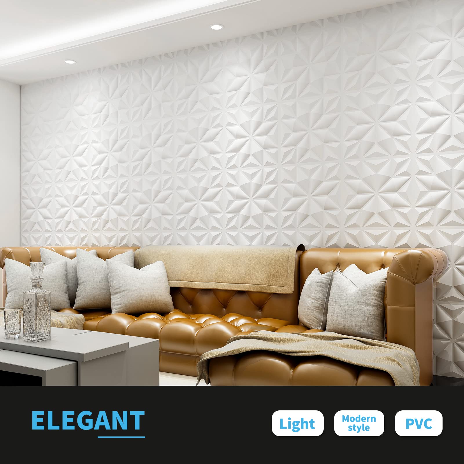 Zalorin 3D Wall Panels for Interior Wall Decor, White Diamond Decorative PVC Wall Panels, Pack of 12 Tiles 32 Sq Ft