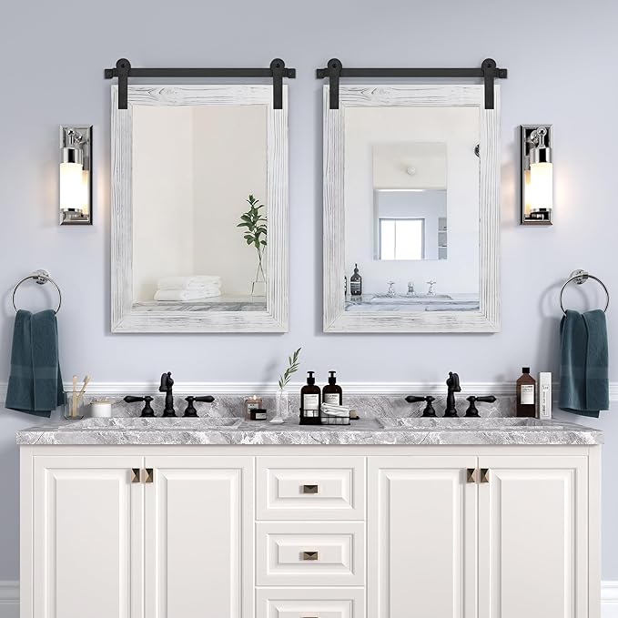 Zalorin Bathroom Mirror - 30 x 21 Rustic Wood Framed Wall Barn Door Mirror for Entryway, Living Room, Entryway Wall Decor (White)