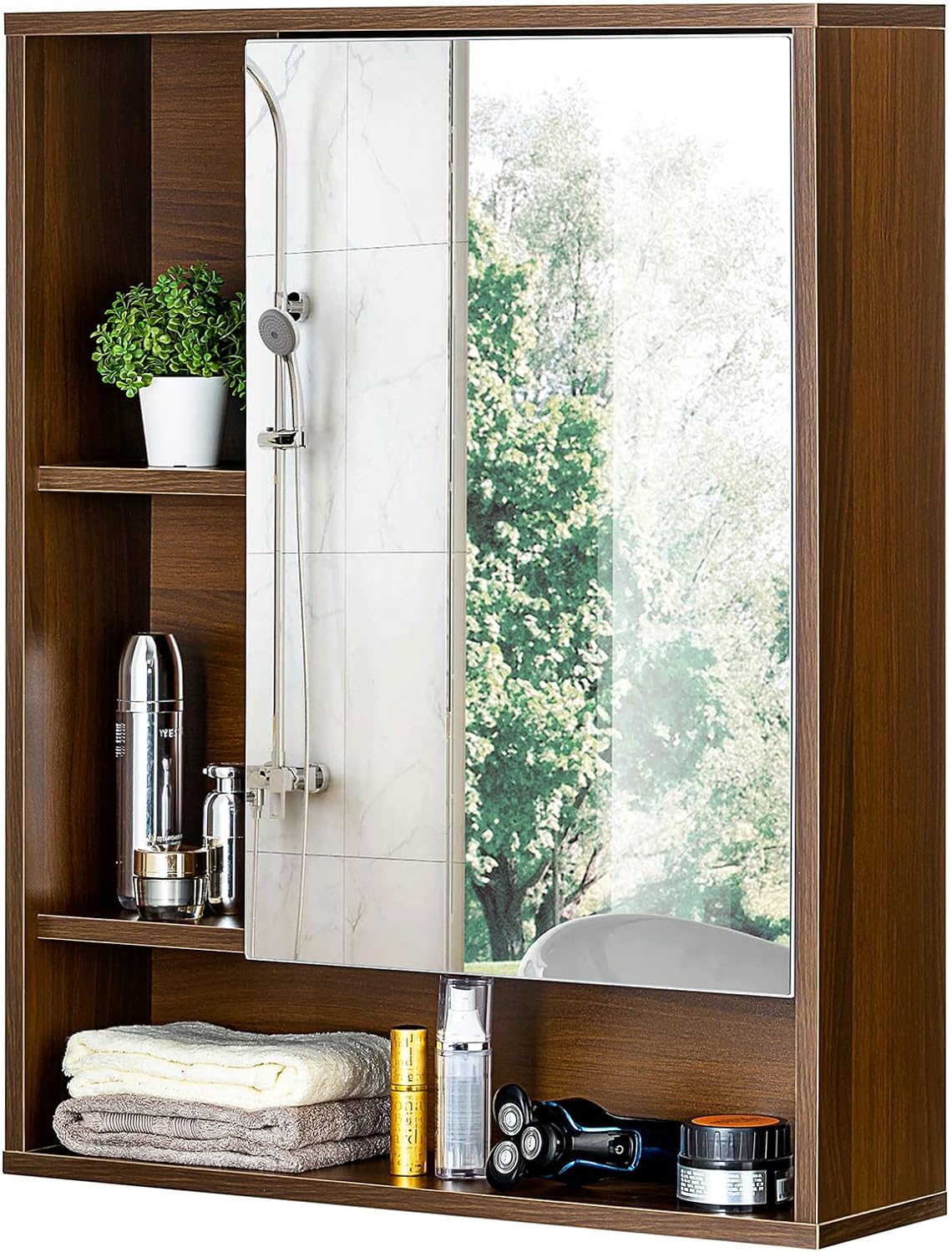 Zalorin Bathroom Wall Mirror Cabinet, Medicine Cabinet with Single Door and Adjustable Shelf, Over The Toilet Space Saver Storage Cabinet, Walnut