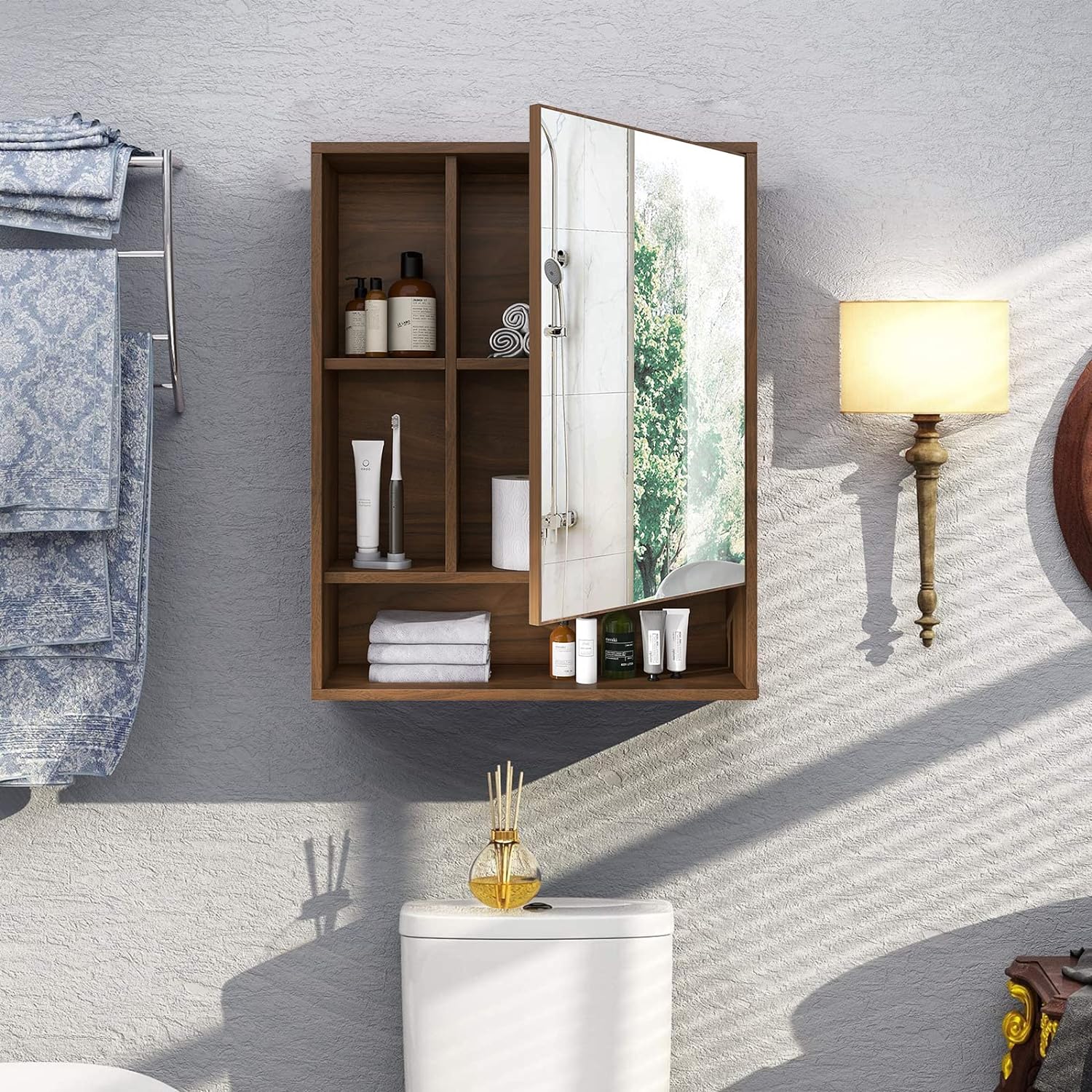 Zalorin Bathroom Wall Mirror Cabinet, Medicine Cabinet with Single Door and Adjustable Shelf, Over The Toilet Space Saver Storage Cabinet, Walnut