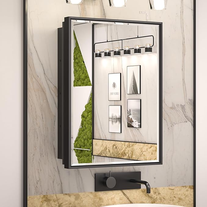 Zalorin 17" x 25" Black Medicine Cabinets for Bathroom with Mirror Recessed or Surface Wall-Mounted Aluminum Alloy Framed Beveled Mirror, Single Door Metal Bathroom Vanity Mirror with Storage Cabinet