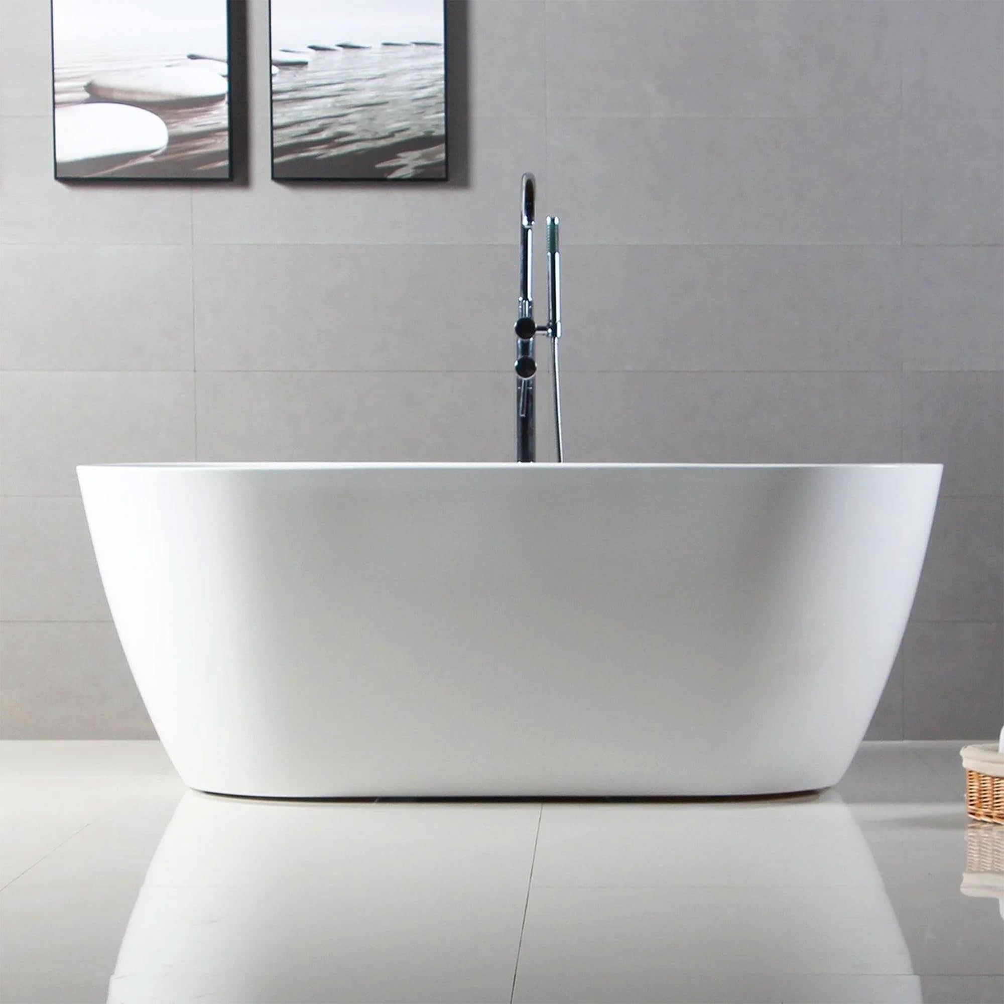 Zalorin 59" Acrylic Freestanding Bathtub, Gracefully Shaped Freestanding Soaking Bathtub, Toe-Tap Chrome Drain and Classic Slotted Overflow Included, Glossy White
